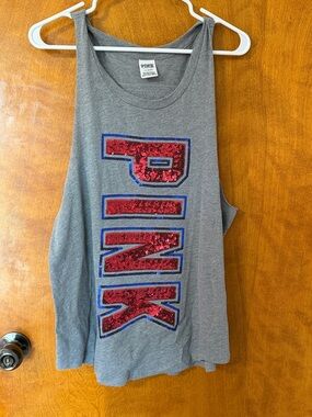 PINK Victoria's Secret Gray Tank with Red Sequin Logo and Blue Trim